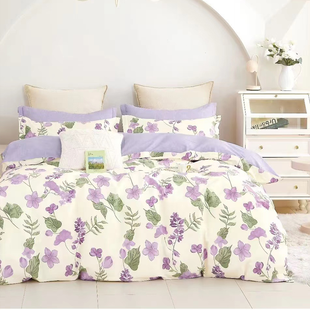 床包 / 雙人【紫戀花】100%精梳純棉 雙人床包含二件枕套 超值絕版品