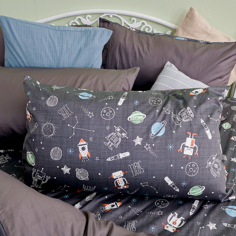 床包/雙人加大【宇宙塗鴉計畫-真空黑】100%精梳棉雙人加大床包含二件枕套