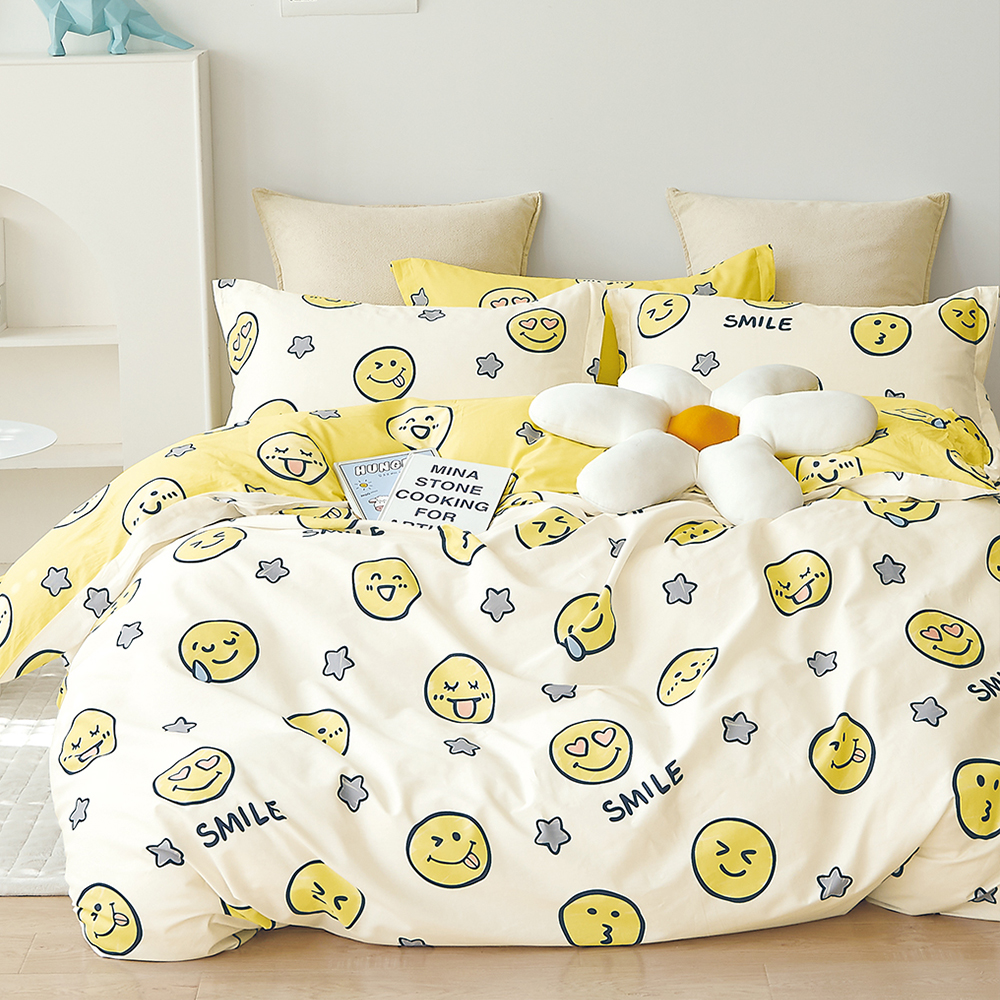 床包 / 雙人加大【黃色微笑】100%精梳純棉 雙人加大床包含二件枕套 超值絕版品