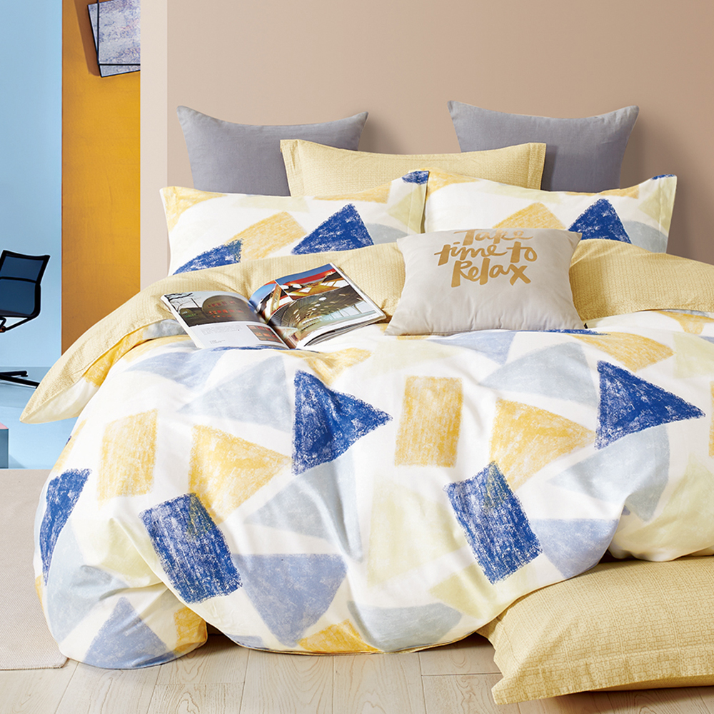 床包 / 雙人加大【水彩幾何】100%精梳純棉 雙人加大床包含二件枕套 超值絕版品