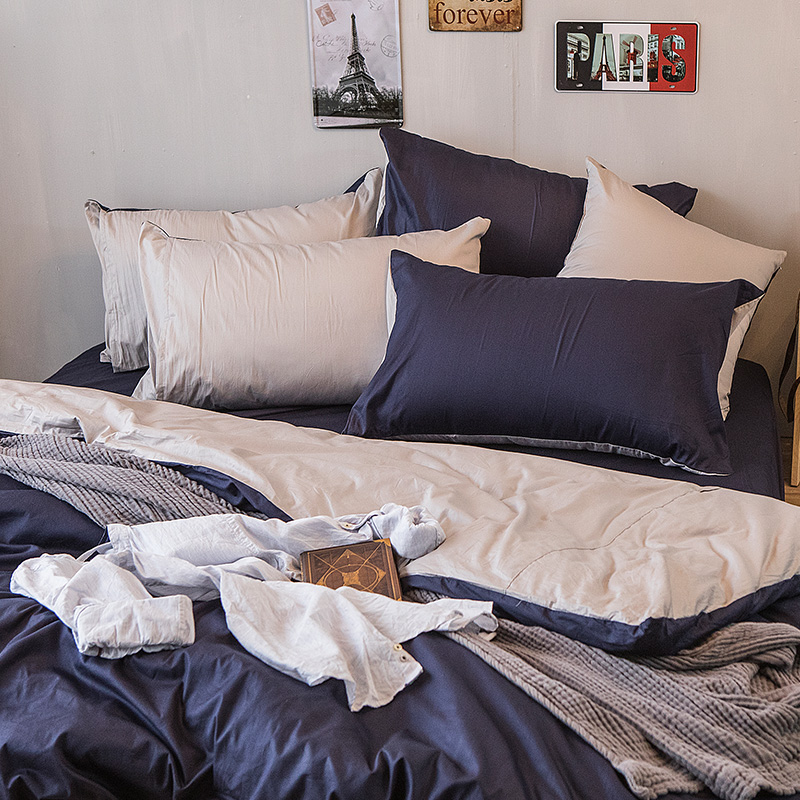 床包 / 雙人特大【撞色系列-紳士藍】100%精梳棉 雙人特大床包含二件枕套 40支精梳棉