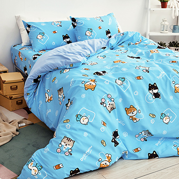 床包/單人【逗柴貓藍】單人床包含一件枕套