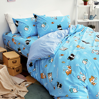 床包/雙人加大【逗柴貓藍】雙人加大床包含兩枕套