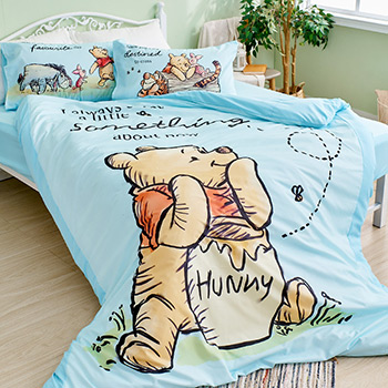床包/雙人加大【迪士尼維尼小熊-蜂蜜小事(藍色)】雙人加大床包含二件枕套